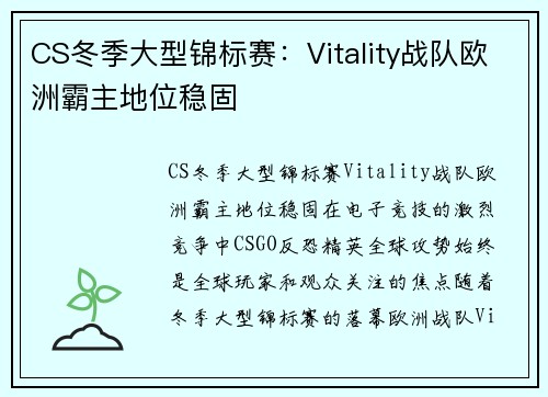 CS冬季大型锦标赛：Vitality战队欧洲霸主地位稳固