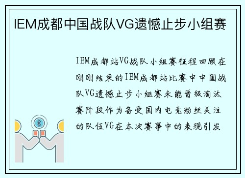 IEM成都中国战队VG遗憾止步小组赛