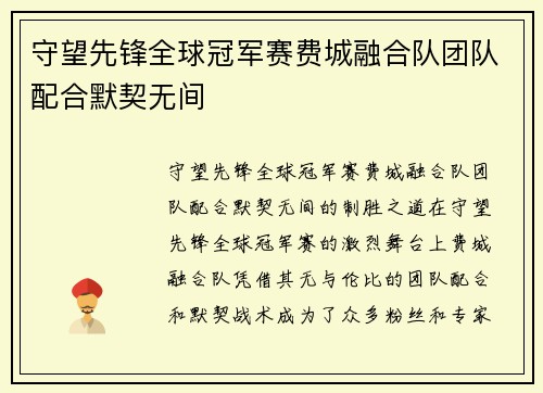 守望先锋全球冠军赛费城融合队团队配合默契无间