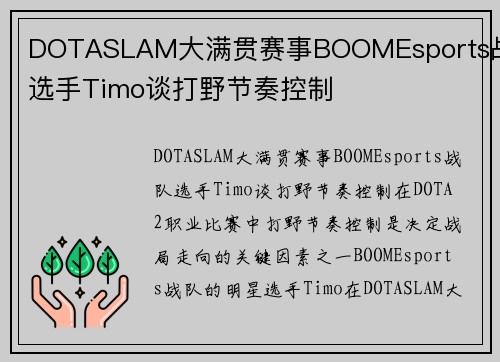 DOTASLAM大满贯赛事BOOMEsports战队选手Timo谈打野节奏控制